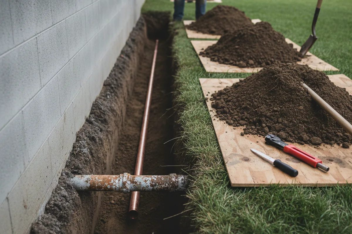 Excavated water line trench during Sewer Line Repair in Asher
